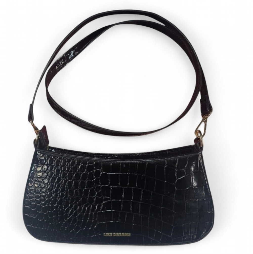 Like Dreams Black Croc Embossed‎ Leather Shoulder Bag